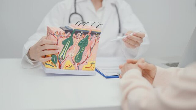 woman Patient consultation Dermatologist with anatomy of skin and hair. Skin disease and Hair loss, Systemic Lupus Erythematosus or SLE, world lupus day, May Melanoma and Skin Cancer Awareness month