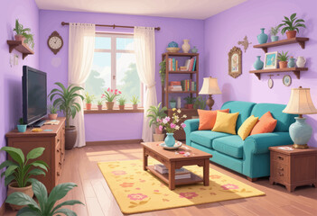 Cozy Living Room with Turquoise Sofa and Purple Walls