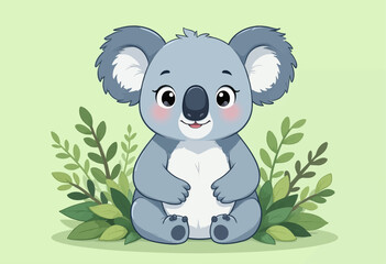 Naklejka premium Cute Koala Sitting in Green Leaves, Smiling, Nature, Pastel, Joyful