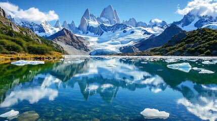 Fototapeta premium Majestic Fitz Roy stands with towering peaks and rugged terrain surrounded by wild nature a place for adventure and awe inspiring views capturing the true concept.