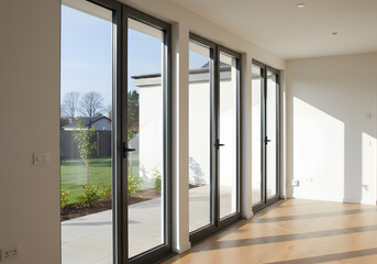 Fototapeta premium Modern interior with glass doors bright room and outdoor view