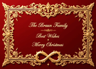 Elegant Christmas Card with Gold Ornate Frame and Family Greeting