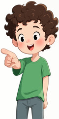 Fototapeta premium Excited Boy Pointing Curly Hair Green Shirt Blue Jeans Happy Expression