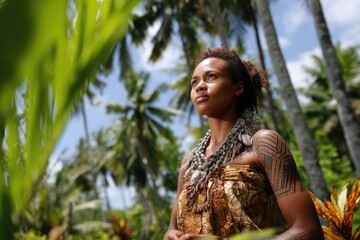 A proud Melanesian woman standing in the heart of a tropical island landscape