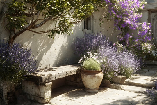 A sun-drenched courtyard garden with stone bench and lavender.