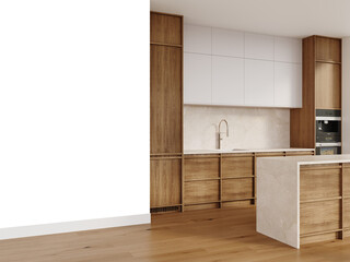 Free PNG wallpaper mockup in Interior Dining Room, Modern kitchen interior with wooden cabinets and island, 3D rendering