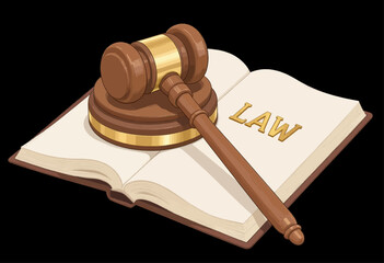 Gavel and Law Book Justice Symbol on Black Background