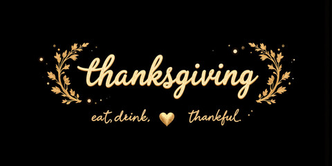 Golden Thanksgiving Celebration: Elegant Script and Leafy Wreaths on Black Background