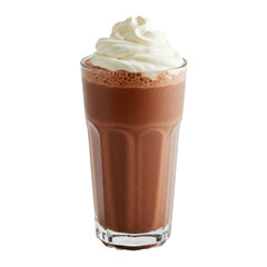 Creamy chocolate milkshake topped with whipped cream in a clear glass on a white background