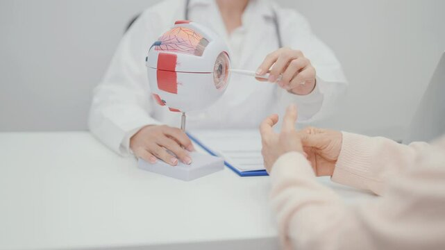 Elderly Patient consulting Doctor to Eye disease, Senior Medical Diagnosis. Anatomy Eye model for Cataract, Glaucoma, Age Related Macular Degeneration, Diabetic Retinopathy, Vitreous, health concept