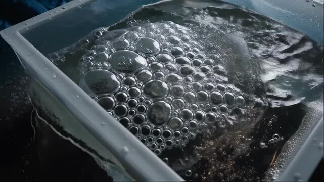 An overhead shot of a rectangular dunk tank filled with dense fluorocarbon showcasing an AI accelerator chip glistening beneath the surface with bubbles rising and creating ripples.