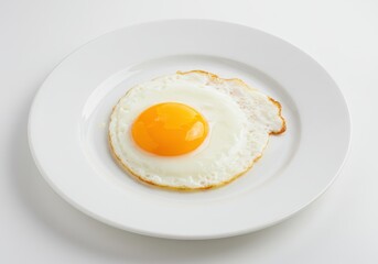 A single fried egg with a bright yellow yolk sits on a white plate on a white background