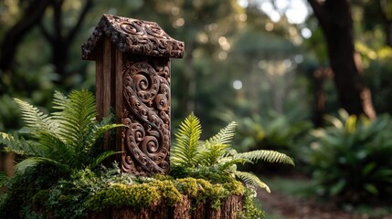 A set of intricate Maori carvings displayed prominently on a tall wooden post, standing proudly in a lush forest clearing