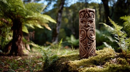 A set of intricate Maori carvings displayed prominently on a tall wooden post, standing proudly in a lush forest clearing