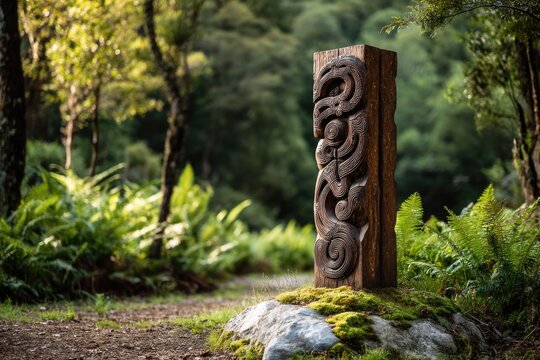 A set of intricate Maori carvings displayed prominently on a tall wooden post, standing proudly in a lush forest clearing