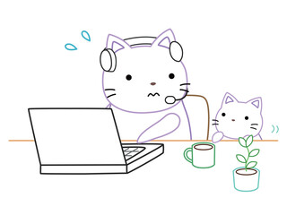 リモートワークをする子育て中のネコ　カラー線画