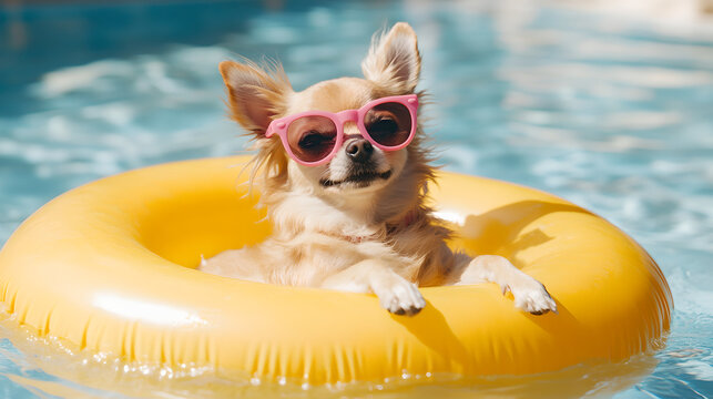 Cute Funny Chihuahua Dog Wearing Pink Sunglasses in Pool