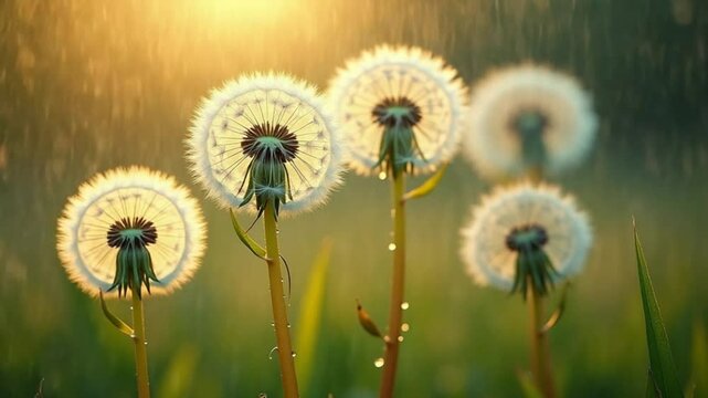 Dandelions in summer rain with sunbeam. Creative. Fluffy dandelions in rain. Beautiful round dandelions with raindrops on summer day