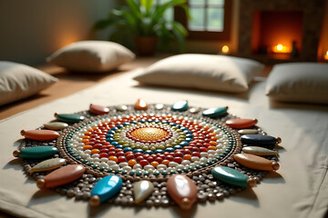 Fototapeta premium Detailed view of a handcrafted mosaic mandala with vibrant stones and shimmering glass tiles, displayed on a calm wall in a peaceful meditation room. AI-generated