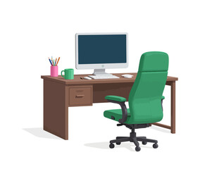 Minimalistic Office Setup Green Chair Wooden Desk Computer Monitor Serene Workspace