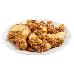 Obraz premium A delicious plate of caramel-coated apple slices topped with walnuts and almonds