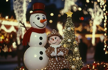 A family of three snowmen: the father is tall and has black dots on his body wearing white pants and a hat with a red scarf around his neck The mother wears polka dot in a brown color scheme