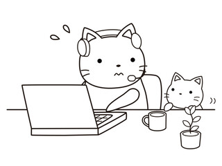 リモートワークをする子育て中のネコ　線画