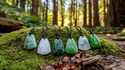 A collection of exquisite jade pendants resting on a bed of soft moss in a serene forest glade