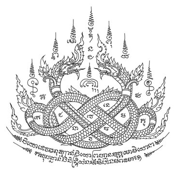 Thai traditional tattoo. Yan Naak Kiaow. Two intertwined Nagas (mythical serpents). Thai text translation: symbolizing love, unity, protection, and prosperity 