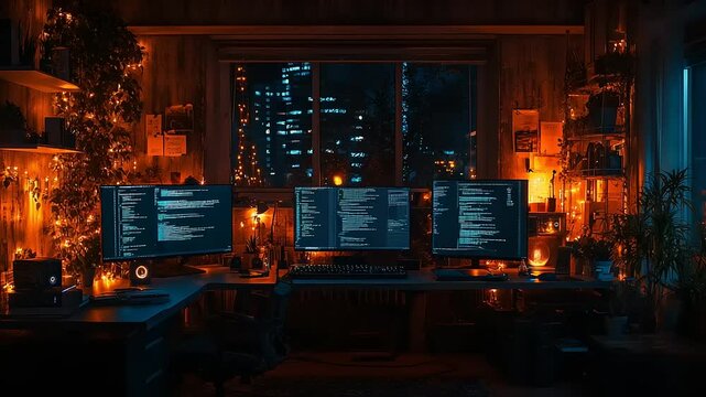 Cozy workspace at night, illuminated by warm lights, showcasing multiple computer screens displaying code
