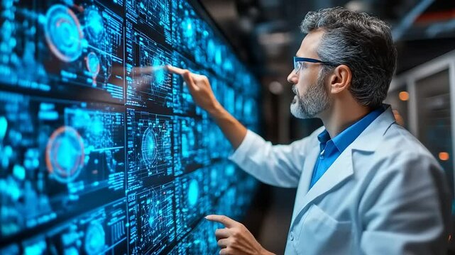 Scientist interacts with large interactive display wall