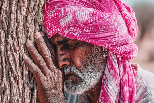 An elderly man in a pink turban rests his head and hand against a tree, eyes closed, conveying emotion and reflection. - Powered by Adobe