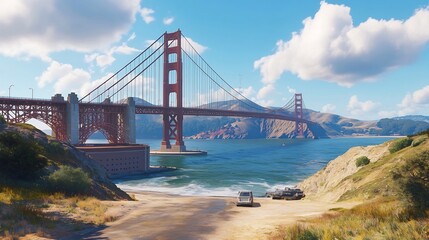 Obraz premium Golden Gate Bridge: Coastal Serenity, Vibrant Summer Day