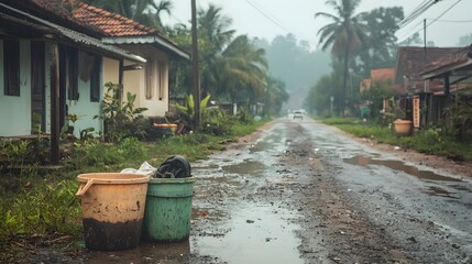 Naklejka premium Photograph Depicting a Tropical Area with Standing Water in Containers Highlighting a Potential Breeding Ground for Dengue Carrying Mosquitoes and the Need for Prevention and Awareness