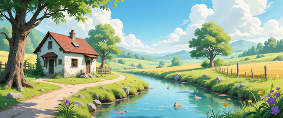 Serene Countryside Cottage by River with Ducks and Flowers