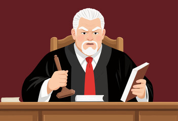 Serious Judge Holding Gavel and Book in Courtroom with Red Robes and Tie