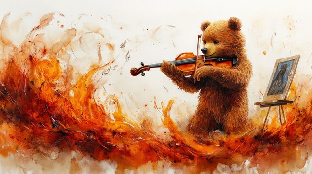 A bear plays the violin amidst flames and art.  A whimsical scene of a young bear, bathed in vibrant orange and brown hues,  playing a violin amidst swirling fire 