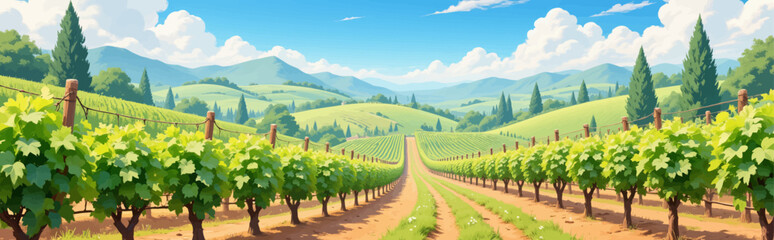 Naklejka premium Vineyard Serenity: Green Rows, Mountain Views, Sunny Day