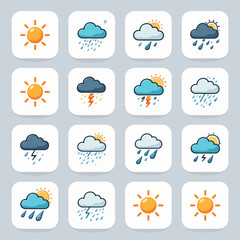 Obraz premium Weather Icons Collection: Sunny Days, Rain, Storms, Clouds and Sunlight