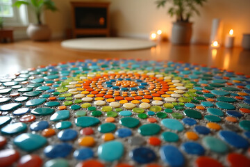Obraz premium Close-up of a radiant mosaic mandala artwork crafted from colored stones and glass tiles, glowing softly in a tranquil meditation room atmosphere. AI-generated