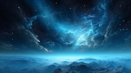 Fototapeta premium Cosmic nebulae over a distant, mountainous planet.