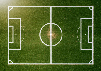 Overhead view of a soccer field with white lines and green grass