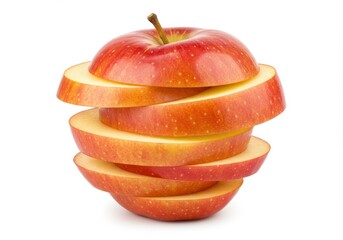 A sliced red apple stacked on a white background shows the fruit's texture and freshness