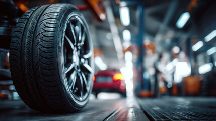 Focused shot on new tire installation, dynamic workshop background out of focus, concept of quality car maintenance and safety checkup