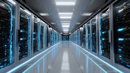 Naklejka premium Futuristic data center scene with rows of rack-mounted servers, active LED lights blinking, perfect airflow management and cable alignment