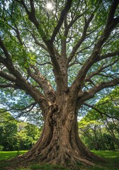 Naklejka premium Majestic Ancient Tree: Sunlit Canopy, Lush Green Foliage, Serene Nature Photography