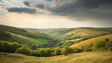 Fototapeta premium Lush green valley landscape under a dramatic sky.