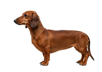 A sleek brown dachshund stands in profile against a plain white background in studio lighting