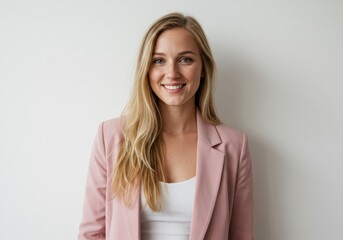 Portrait of a young blond woman smiling wearing a pink jacket against a white background