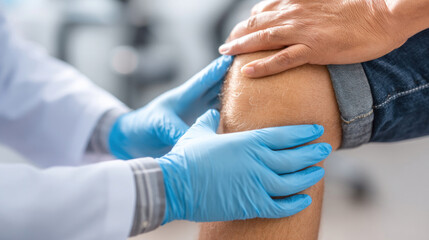 Health check-up in progress with doctor's gloved hand pressing on swollen knee of patient, clear clinical lighting and professional posture